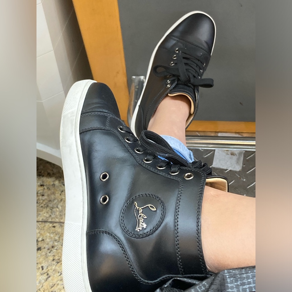 Christian Louboutin Black Leather High-Top Sneakers with White Sole